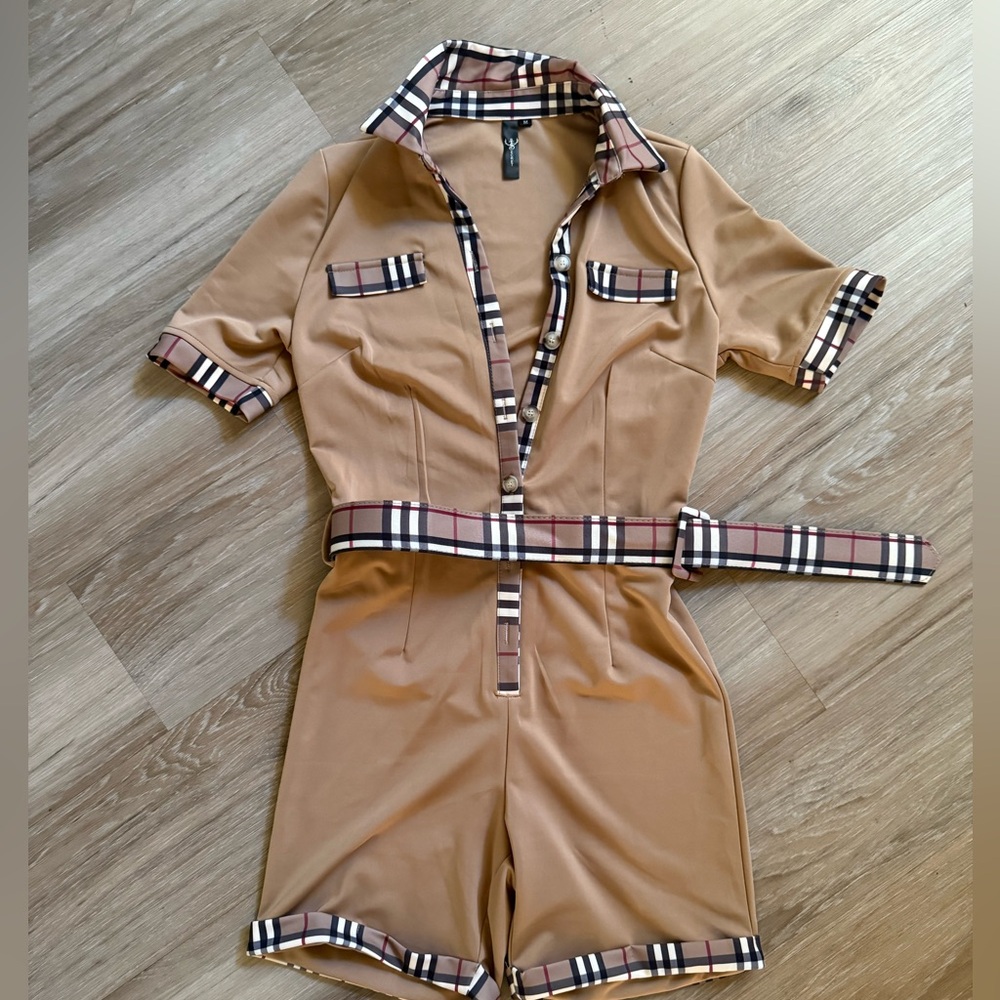 Tan body checkered accent button up jumpsuit